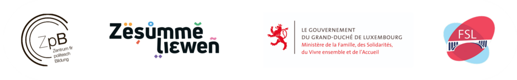 Logos partenaires de ZpB, Zesumme liewen, le gouvernement du Grand-Duché de Luxembourg – Ministère de la Famille, des Solidarités, du Vivre ensemble et de l'Accueil, et FSL.