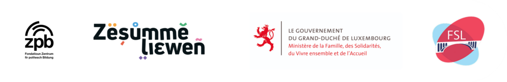 Logos partenaires de ZpB, Zesumme liewen, le gouvernement du Grand-Duché de Luxembourg – Ministère de la Famille, des Solidarités, du Vivre ensemble et de l'Accueil, et FSL.